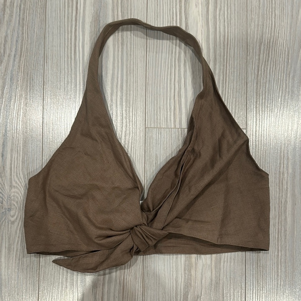 OAK + FORT Brown Knot-Front Crop Top